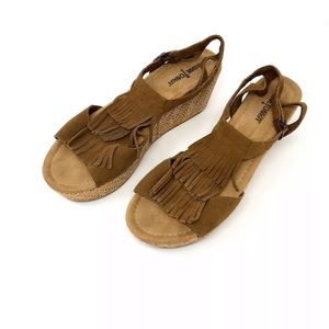 Minnetonka Moccasin Suede Fringe Wedge Sandals